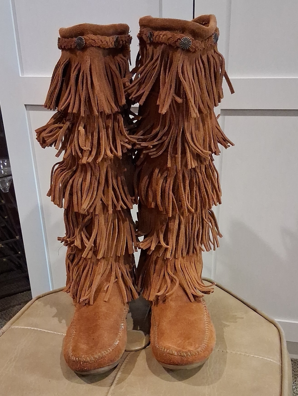MINNETONKA Fringe Tall Suede Boot MOCCASINS - Brown